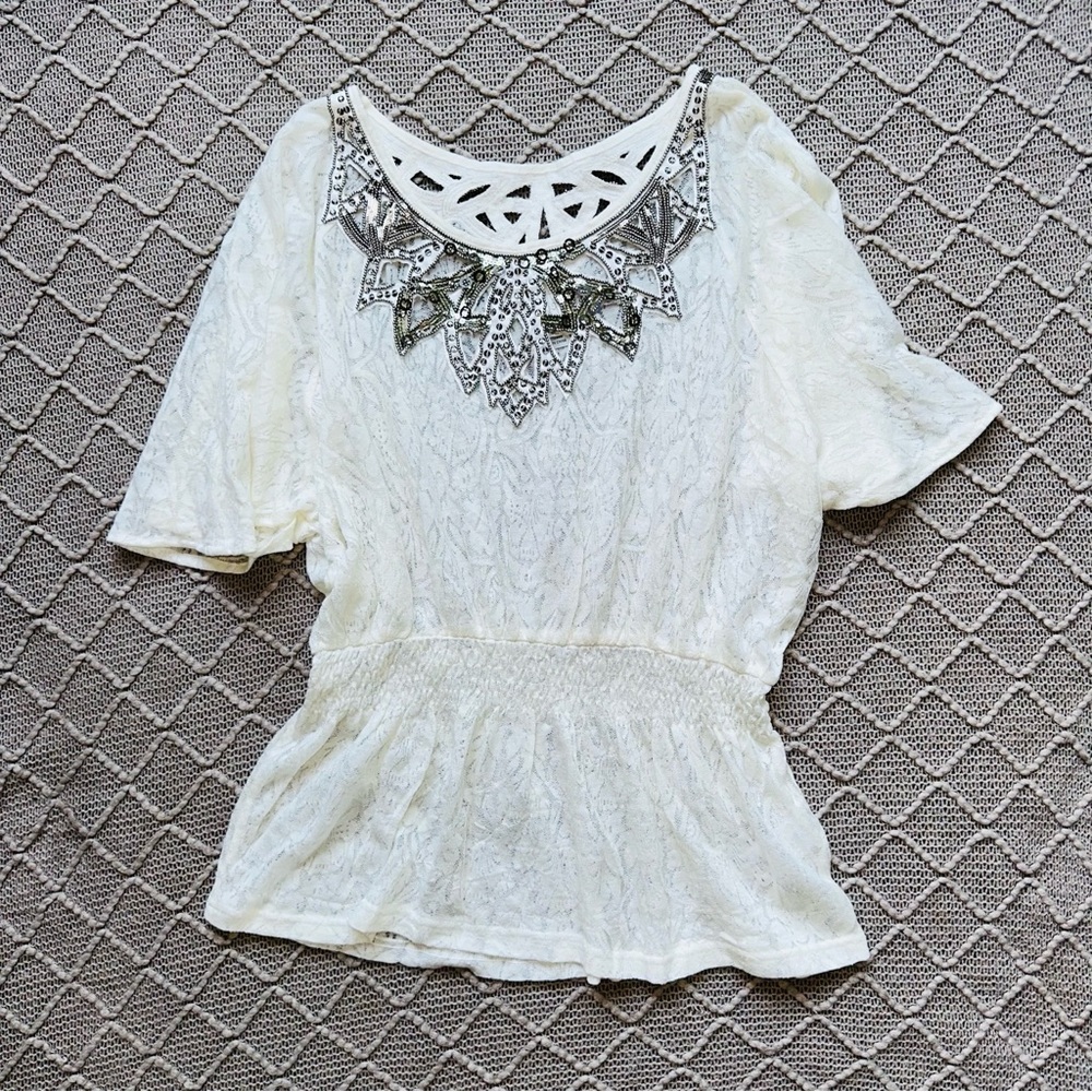 Miss Me Elegant Lace Women's Top Wool Blend Embellished Blouse Large L
